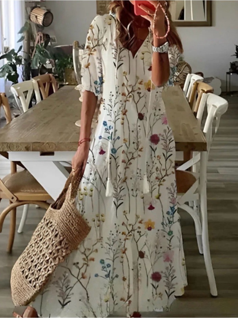 Bohemian Floral Maxi Dress White Ruffle Tiered Short Hem Puff Sleeves Sz M/L